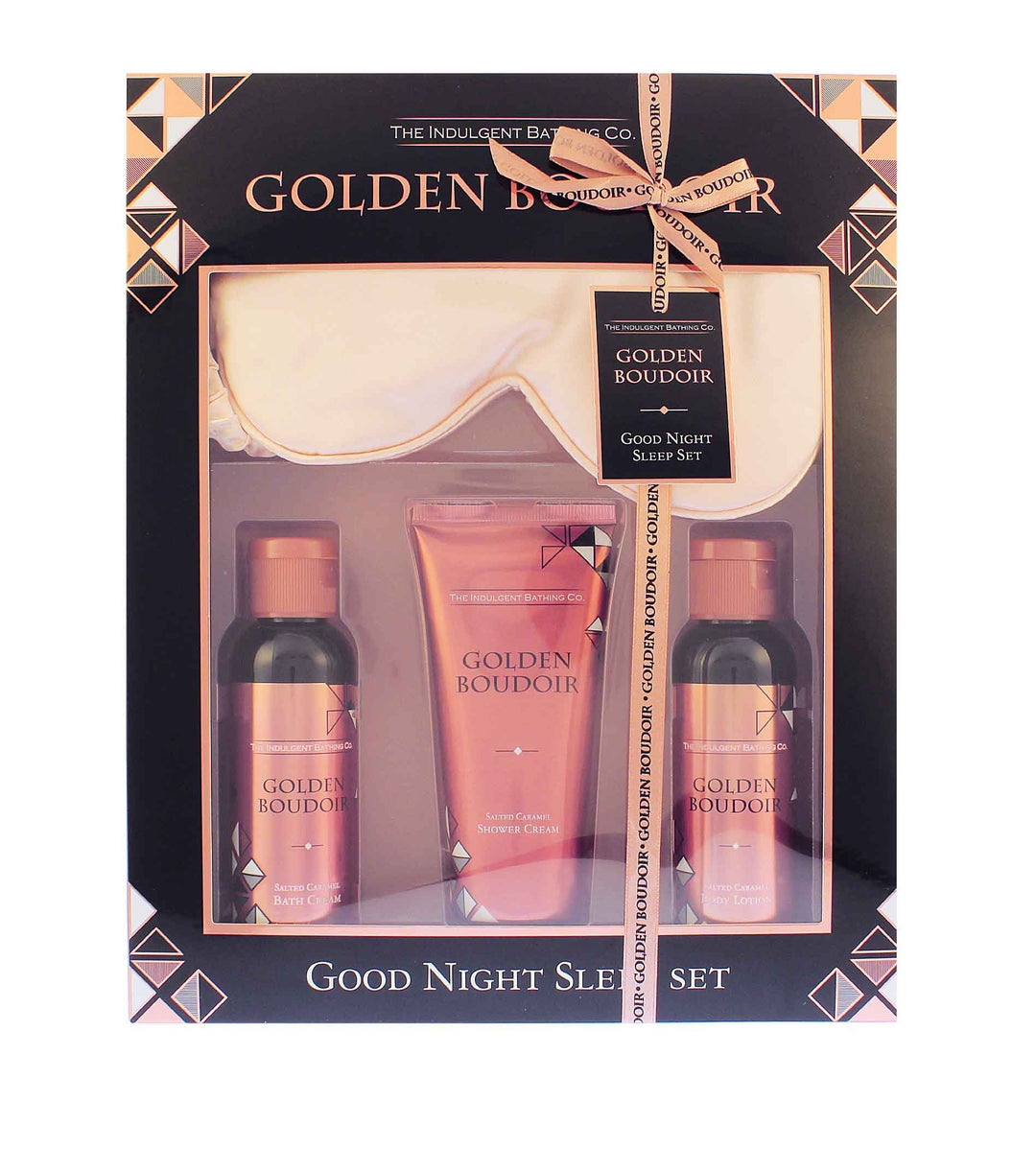 GOLDEN BOUDIOR Salted Caramel - Good Nights Sleep geschenkset 100 ml telover mléko + 100 ml sprchový krém + 100 ml pena do koupele + maska ​​na spaní